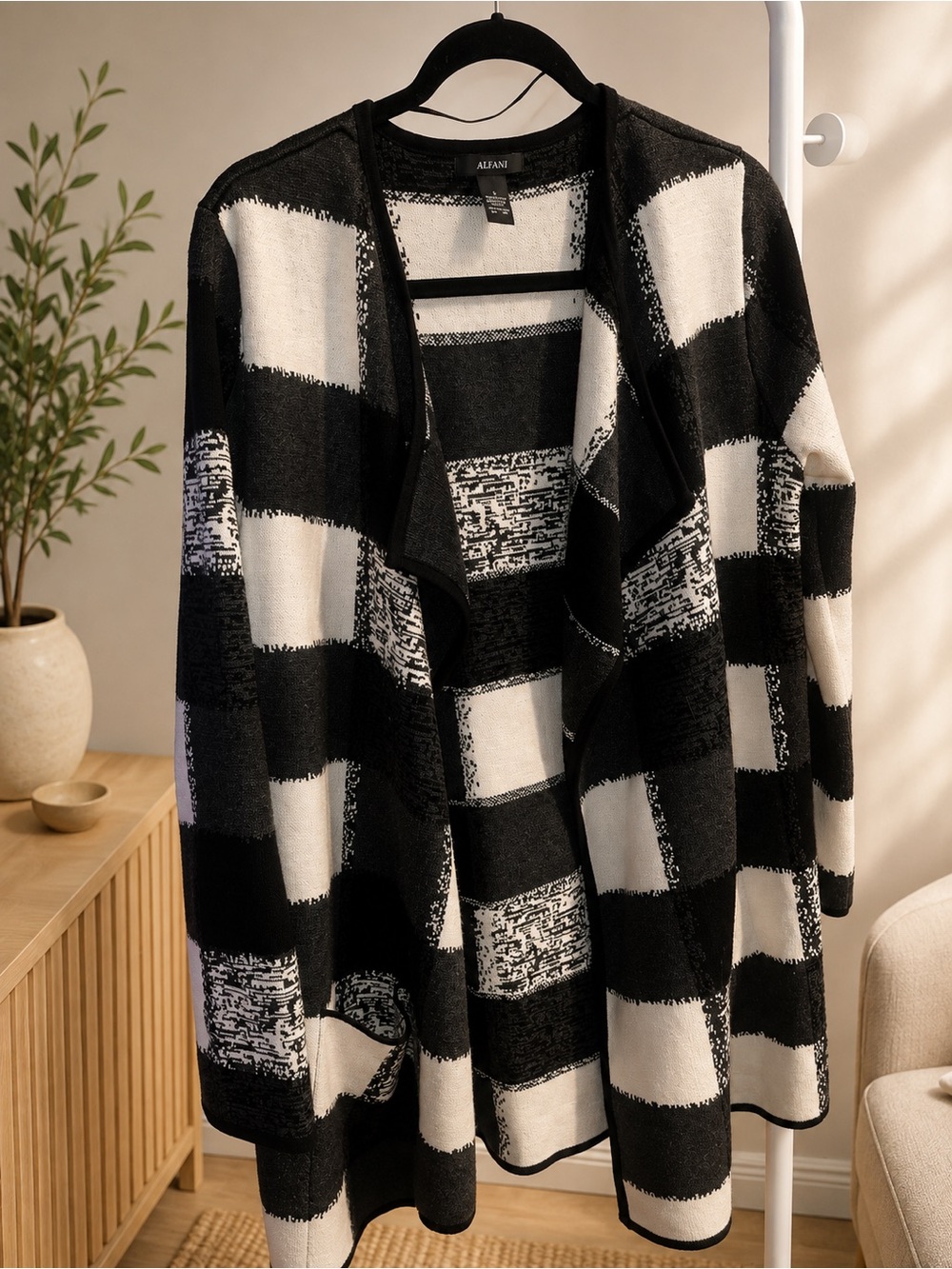 Alfani Black & White Checkered Open-Front Cardigan